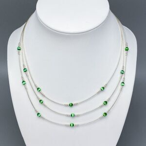 NWOT Sterling Silver 925 Green Simulated Tiger's Eye Station Necklace 16"-19"